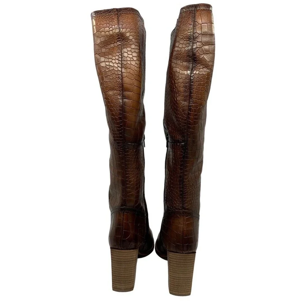 Diba True Do‎ Brown Crocodile Knee High Boots Stacked Heel Pointed Toe 10M